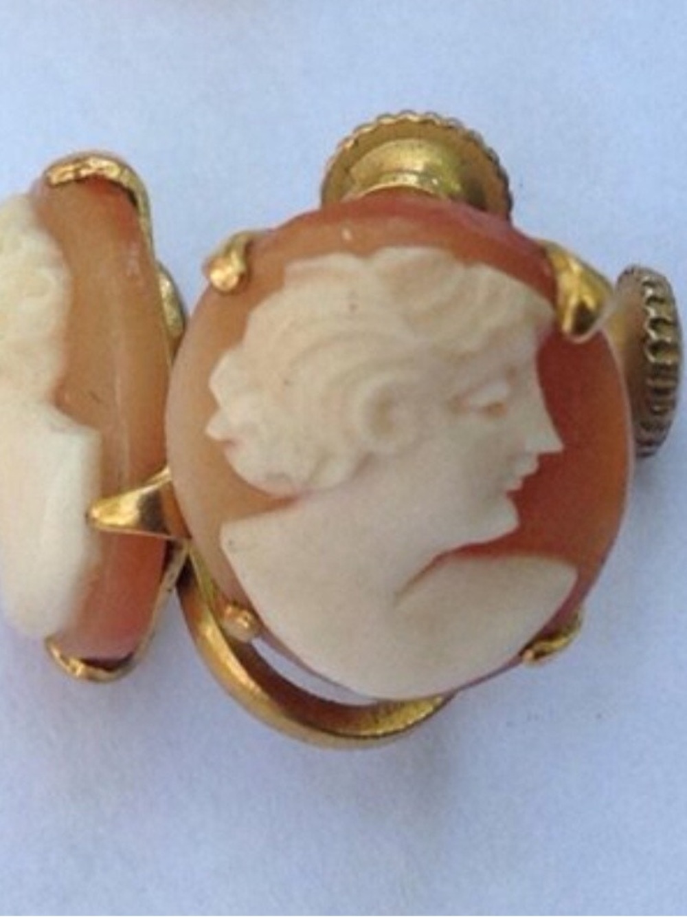 antique gold filled screw back Cameo Earrings in Peach and Cream